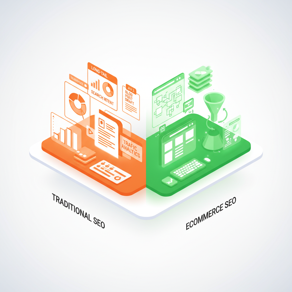 Side-by-side modern workspaces with SEO charts and ecommerce site wireframes in isometric style.