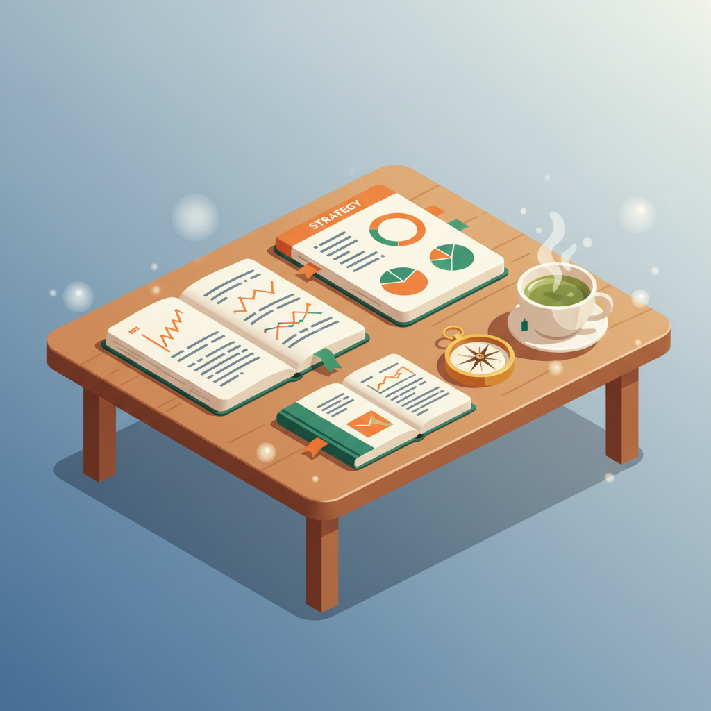 Sleek workspace with notebooks, charts, green tea, and brass compass on wooden table.