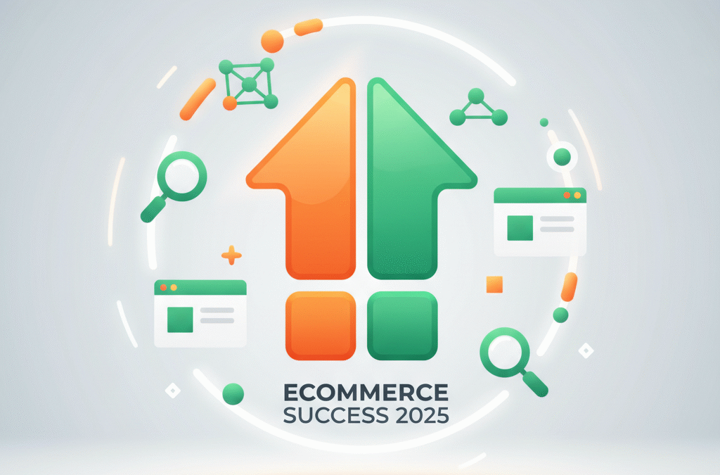 Stylized digital workspace with upward arrow, icons, and vibrant growth colors symbolizing progress.