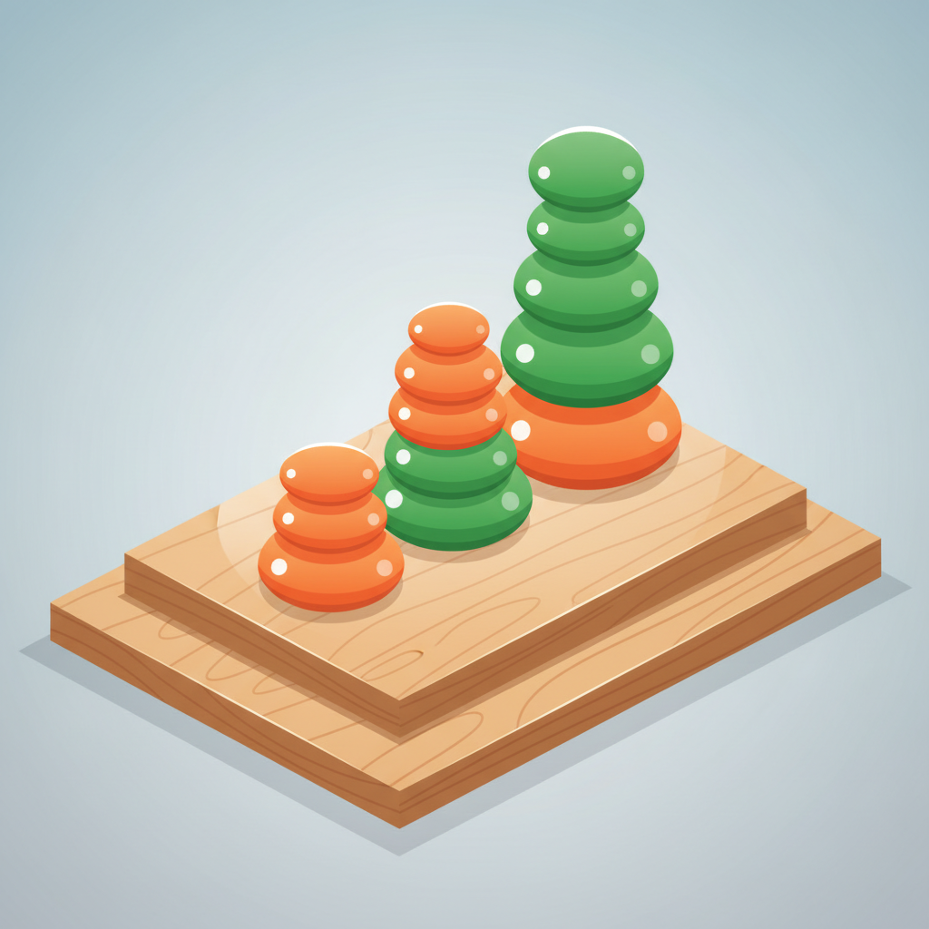 Three ascending stacks of colorful stones on a wooden platform symbolizing investment growth.