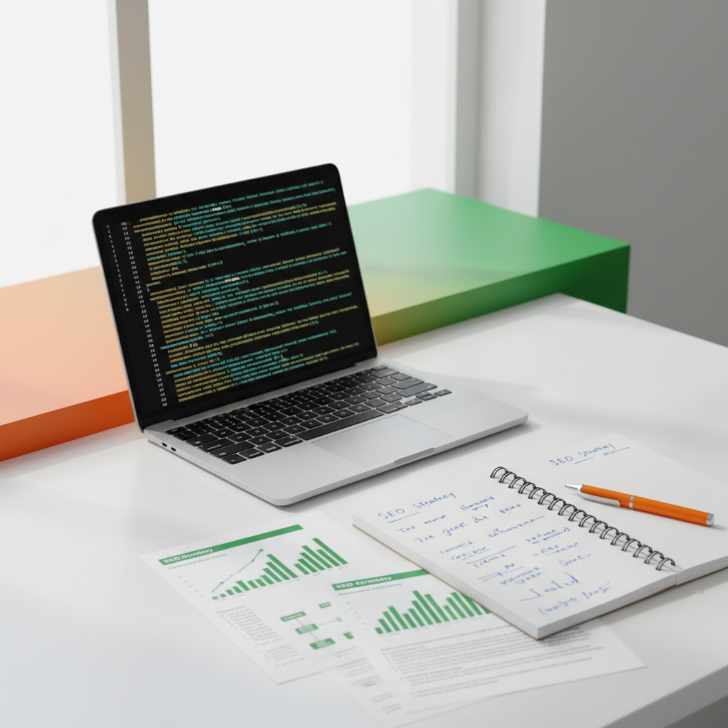 Bright workspace with laptop, notebook, pen, and SEO charts on a colorful gradient background.