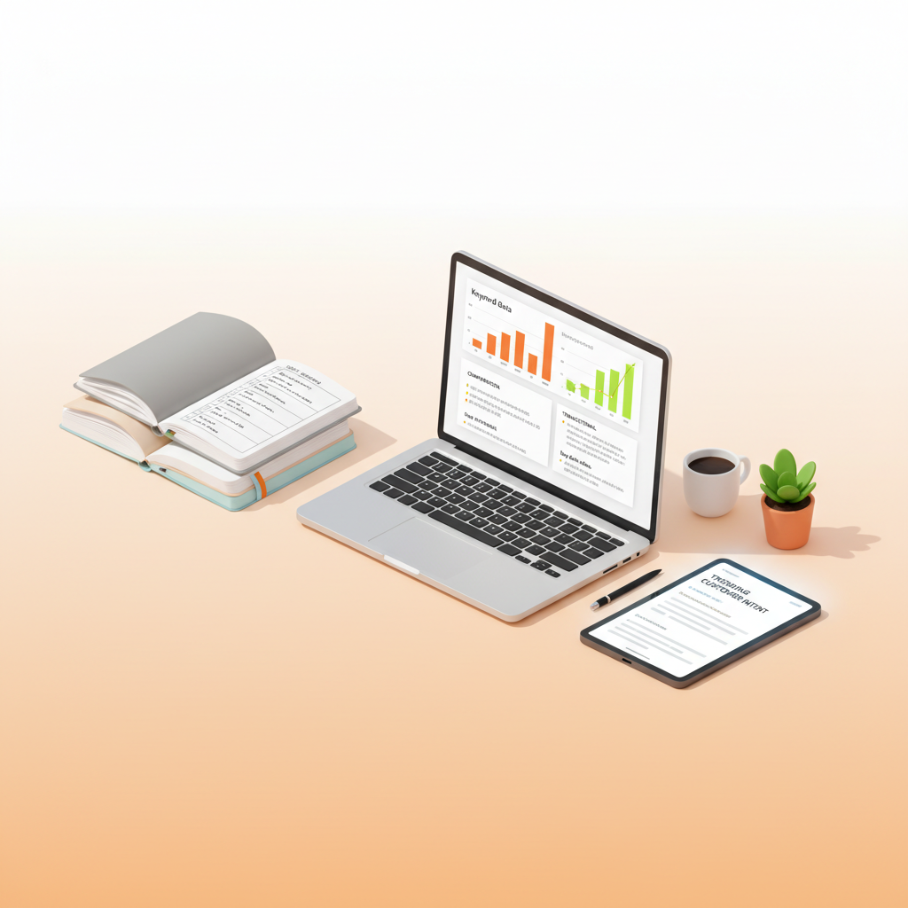 Bright workspace with laptop, notebooks, tablet, coffee, and plant in soft lighting.