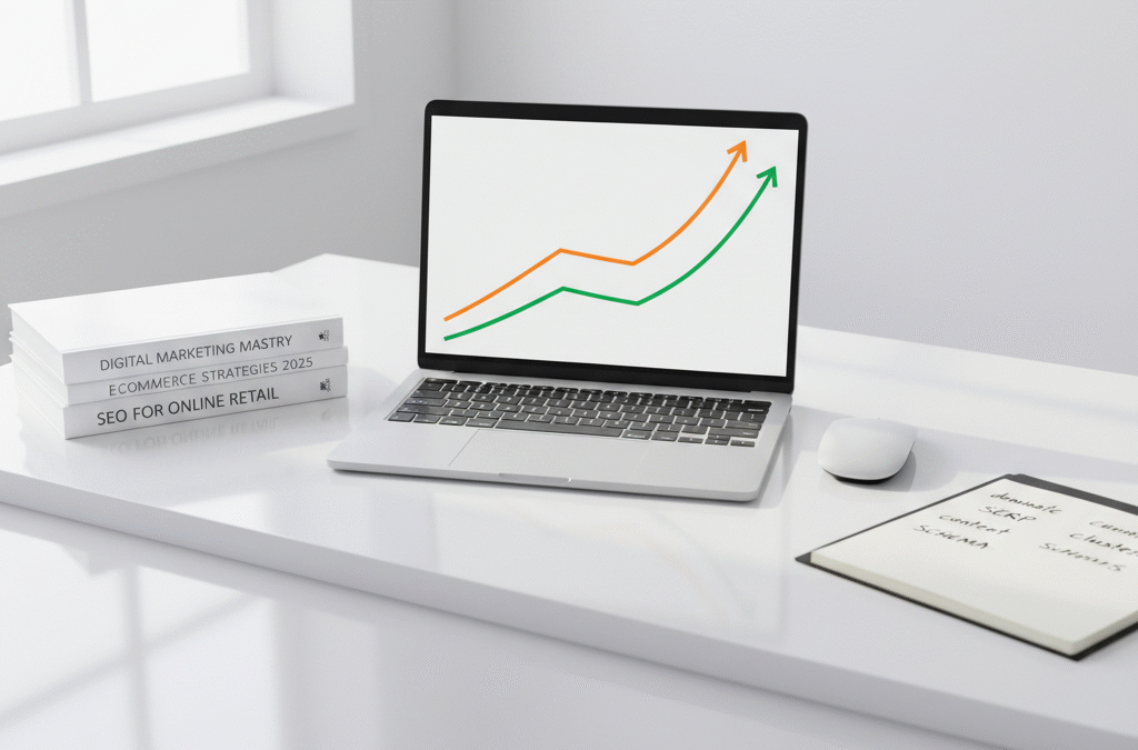 Bright workspace with laptop showing colorful growth graphs, books, mouse, and notes.
