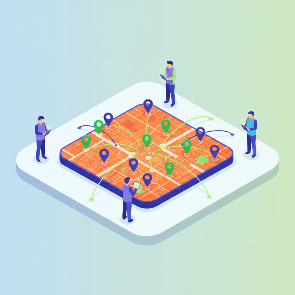 Digital San Francisco map with connected data lines, surrounded by diverse glowing-device users.