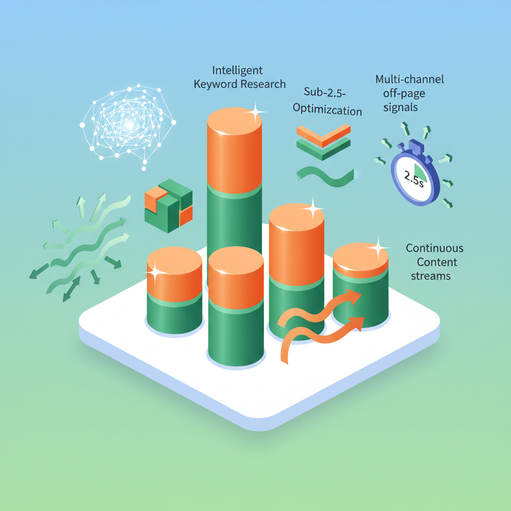 Flat isometric illustration of colorful pillars with digital SEO icons and interconnected elements.