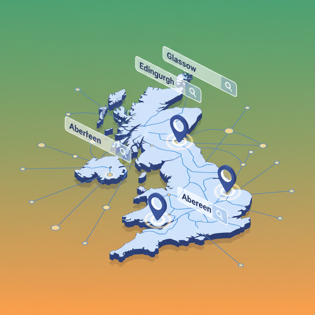 Flat-vector illustration of Scotland map highlighting Glasgow, Edinburgh, Aberdeen with glowing pins and search bars.