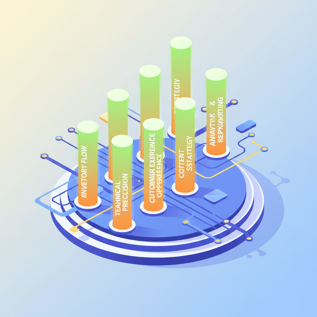 Flat vector illustration of seven glowing orange and green pillars representing core e-commerce SEO elements on a modern workspace.