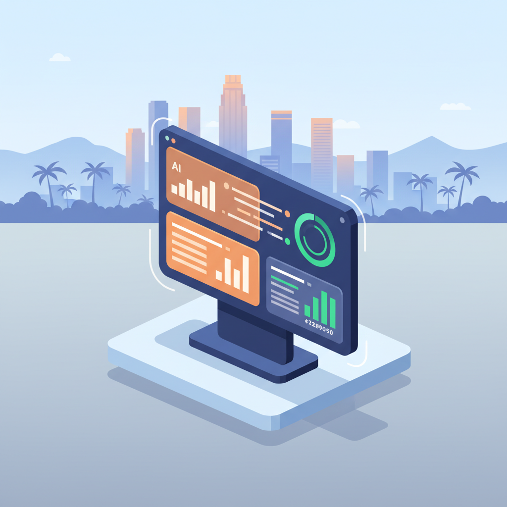 Futuristic digital dashboard with data streams over a cityscape background in a modern workspace.