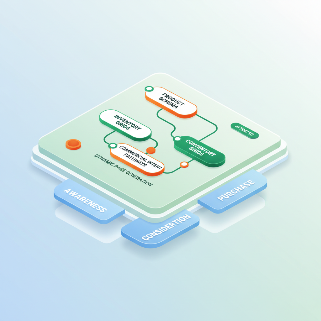 Isometric workspace with flowchart of product schema, inventory, and customer funnel stages.