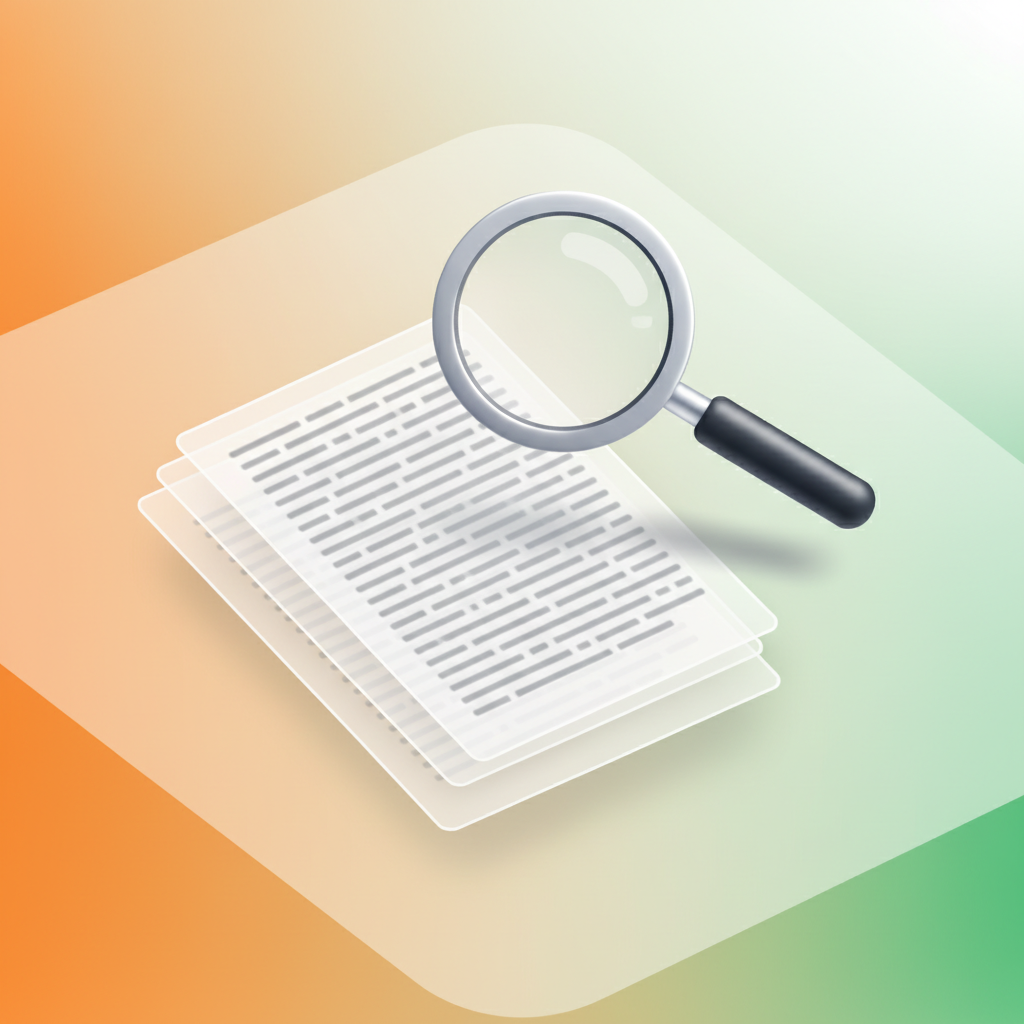 Magnifying glass over overlapping semi-transparent papers with faint text on colorful gradient background.
