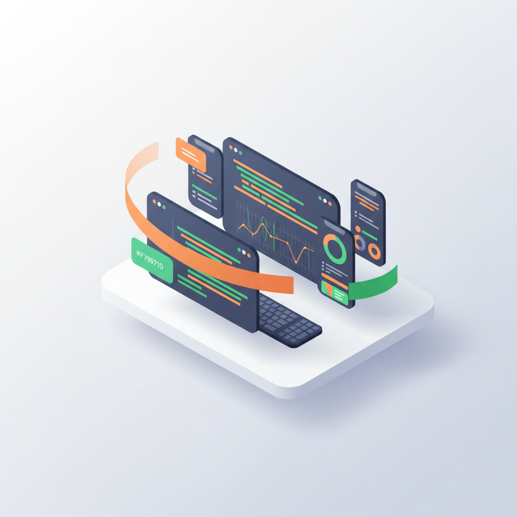 Modern digital dashboard with code, graphs, and wireframes on a sleek workspace.