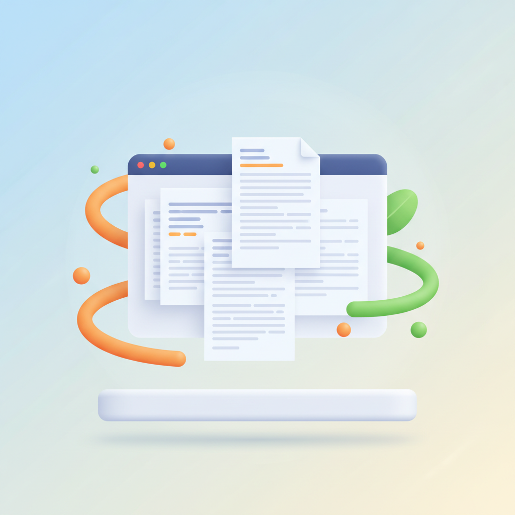 Modern digital dashboard with floating text sheets and colorful data streams in a bright workspace.