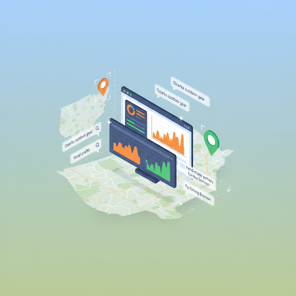 Modern digital dashboard with inventory charts, maps, and search bubbles on a bright workspace.