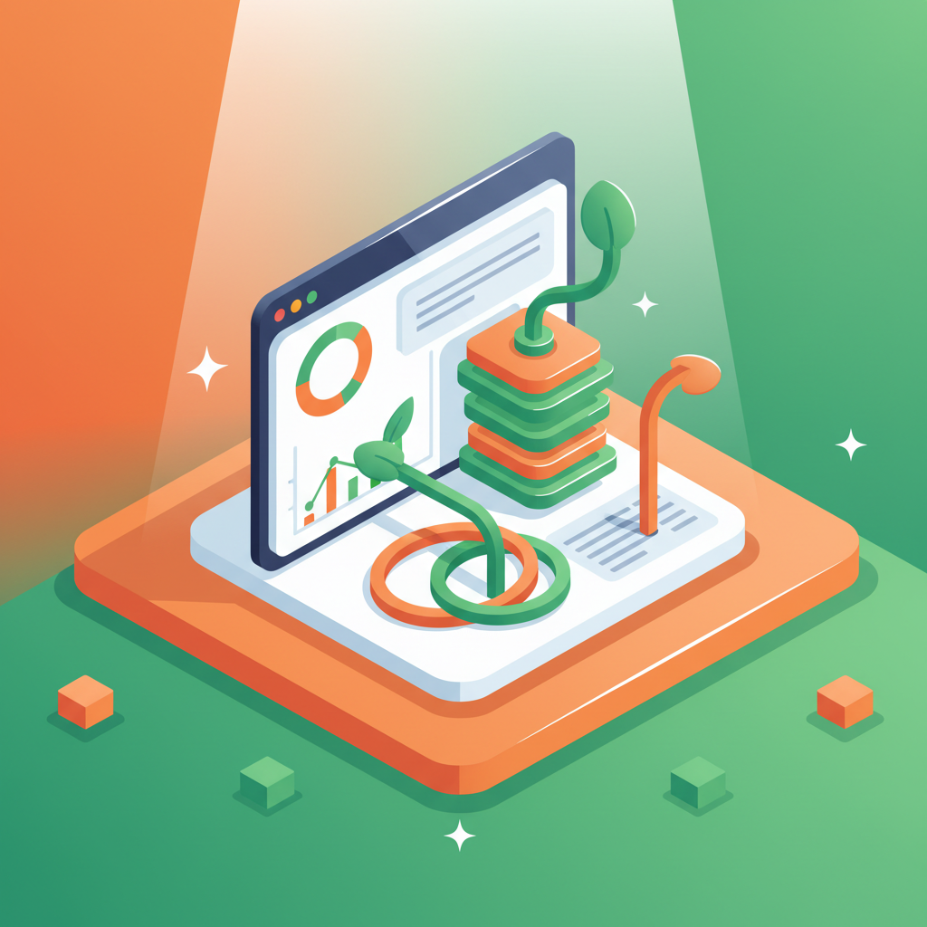 Modern digital dashboard with layered charts and green-orange revenue vines on gradient platform.