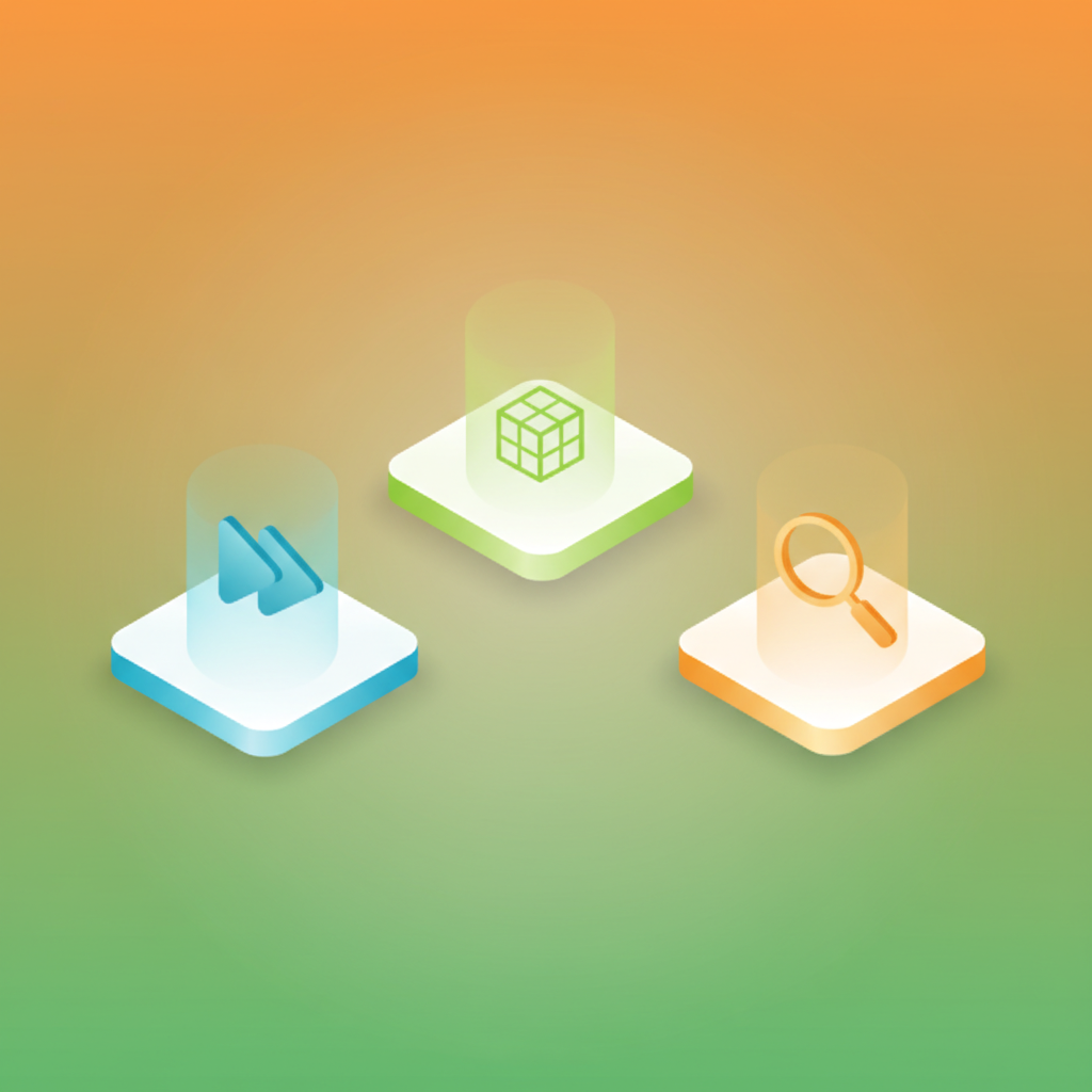 Modern digital podiums with icons representing speed, structured data, and SEO growth.