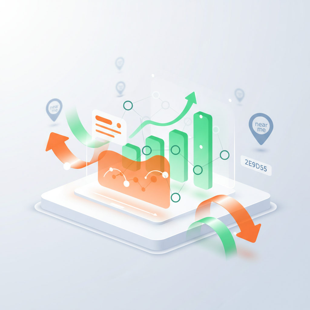Modern digital workspace with colorful charts, graphs, and search intent icons on a white platform.