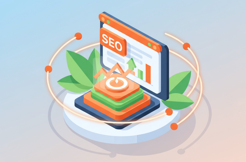 Modern digital workspace with SEO dashboard, growth symbols, and AI connection light trails.