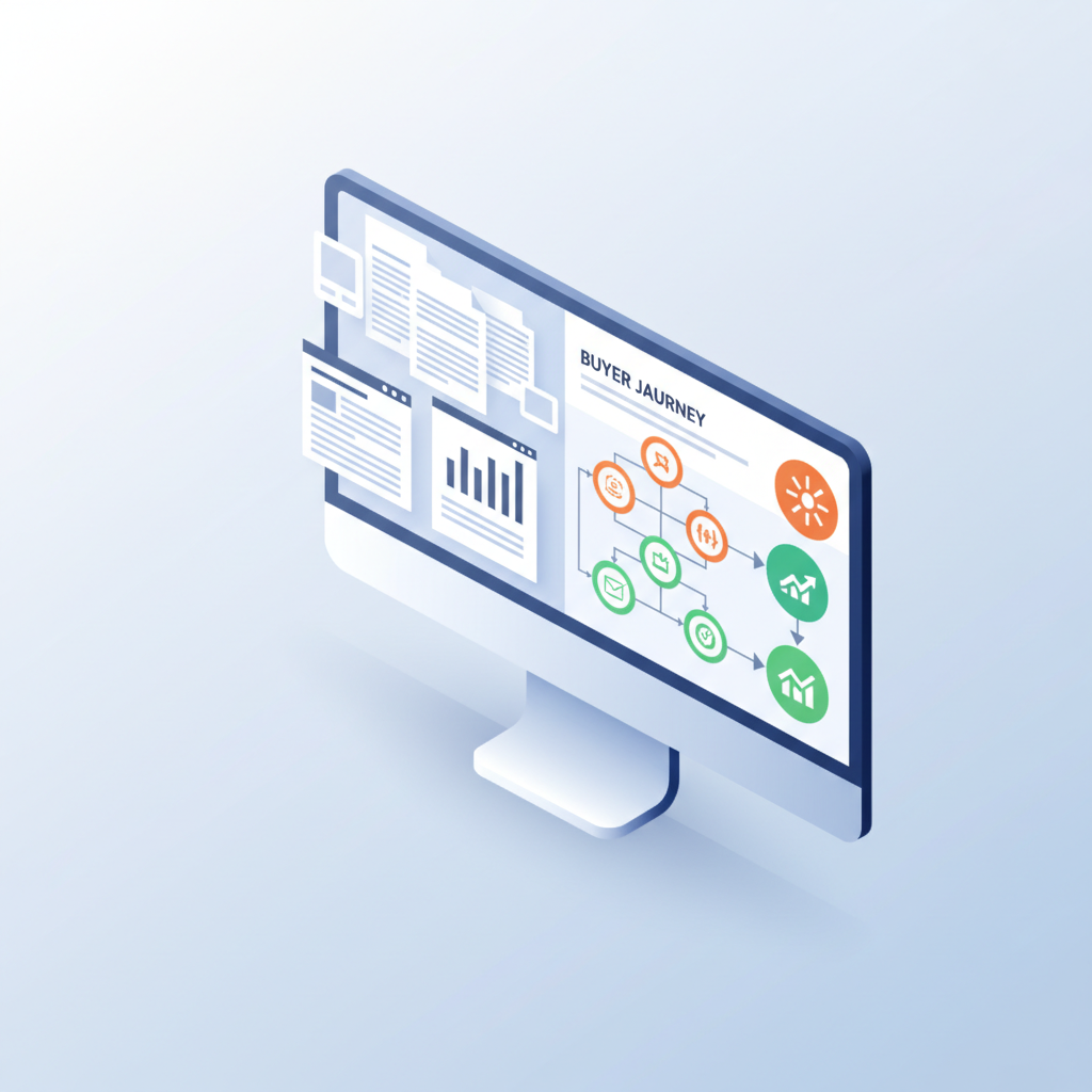 Modern isometric workspace with digital dashboard showing SEO data and buyer journey icons.