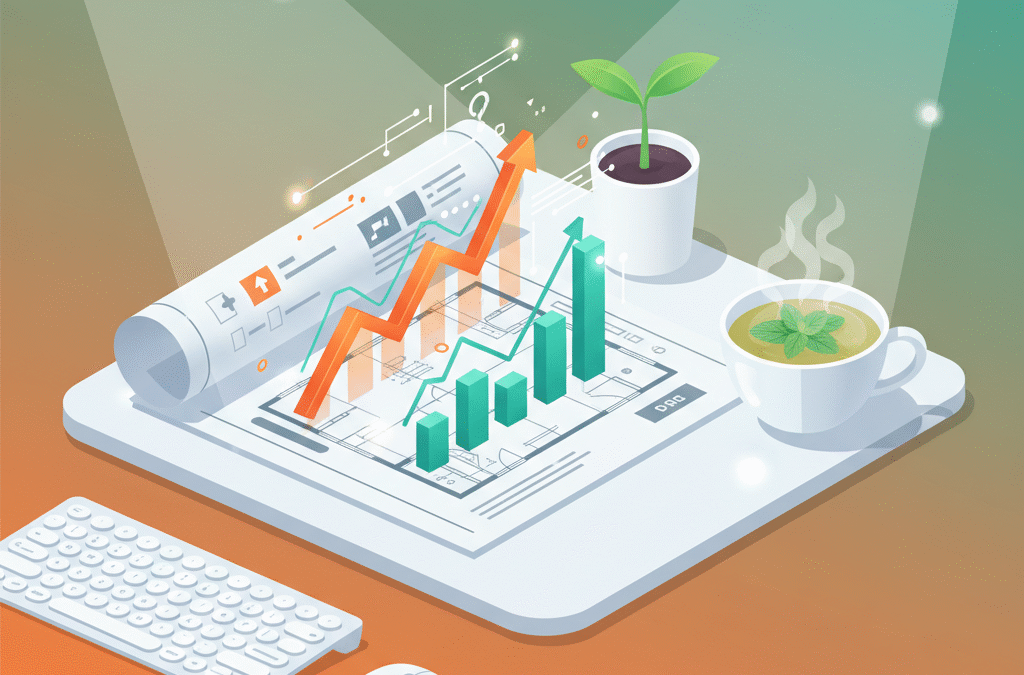 Modern workspace with digital blueprint, growth charts, keyboard, herbal tea, and plant on colorful background.