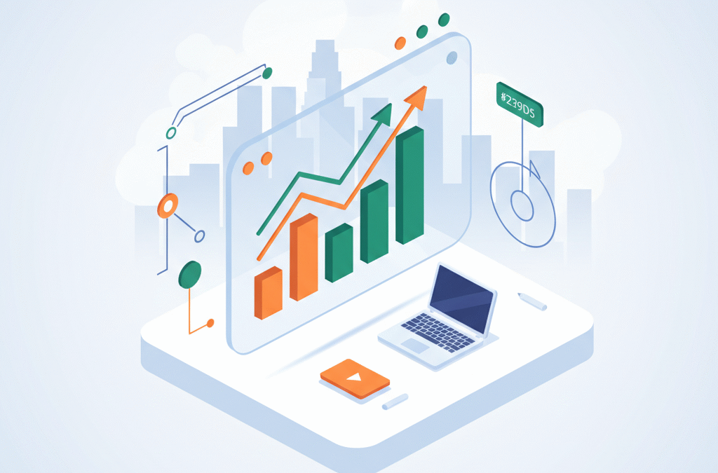 Modern workspace with digital dashboard, connectivity icons, and LA skyline in isometric style.