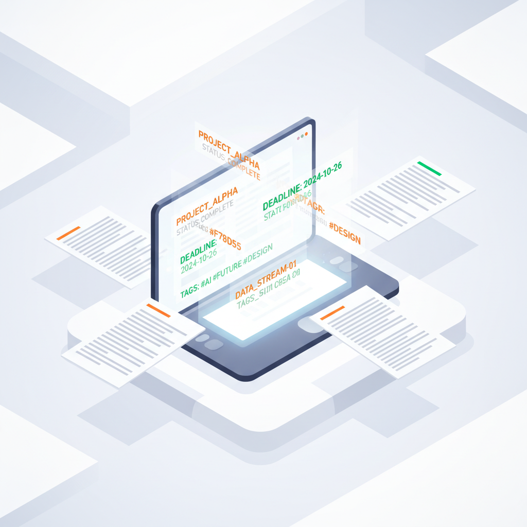 Modern workspace with digital dashboard, floating content pages, vibrant tags, and soft lighting.