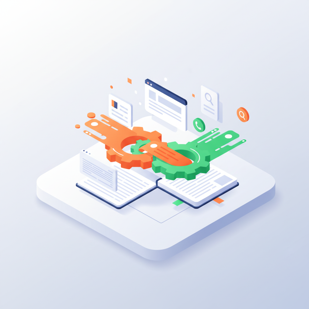 Modern workspace with glowing gears, data streams, notebooks, and search icons in bright colors.