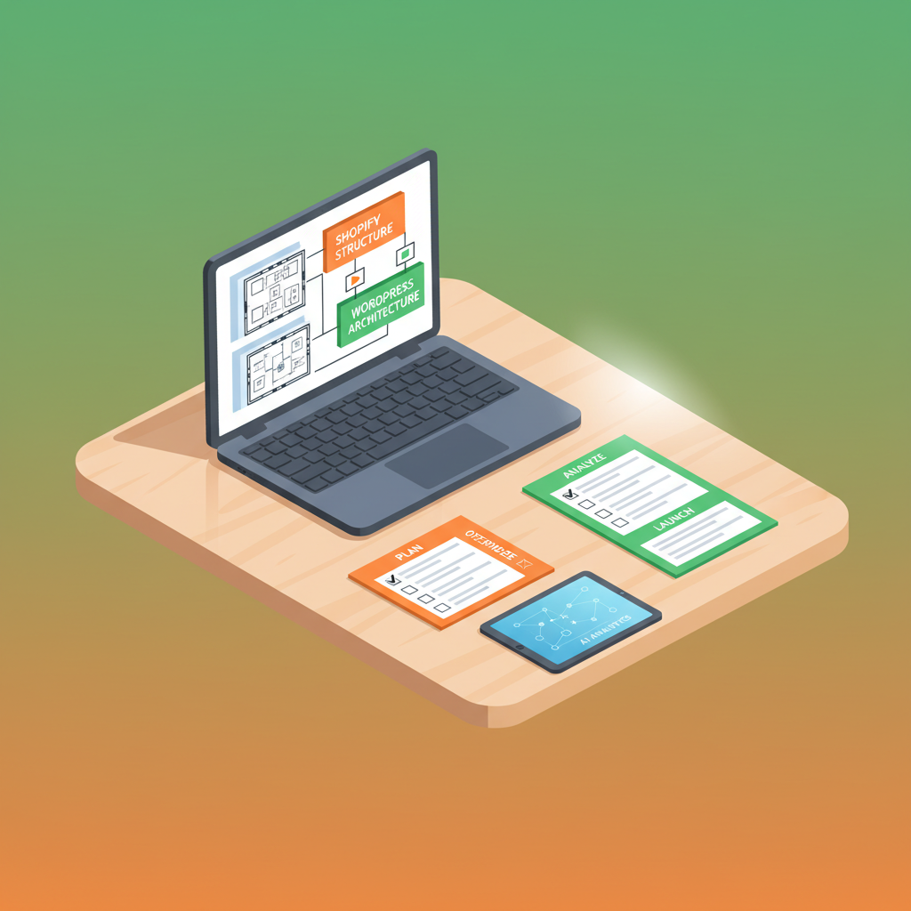 Modern workspace with laptop, blueprints, checklist, tablet, on colorful gradient background.