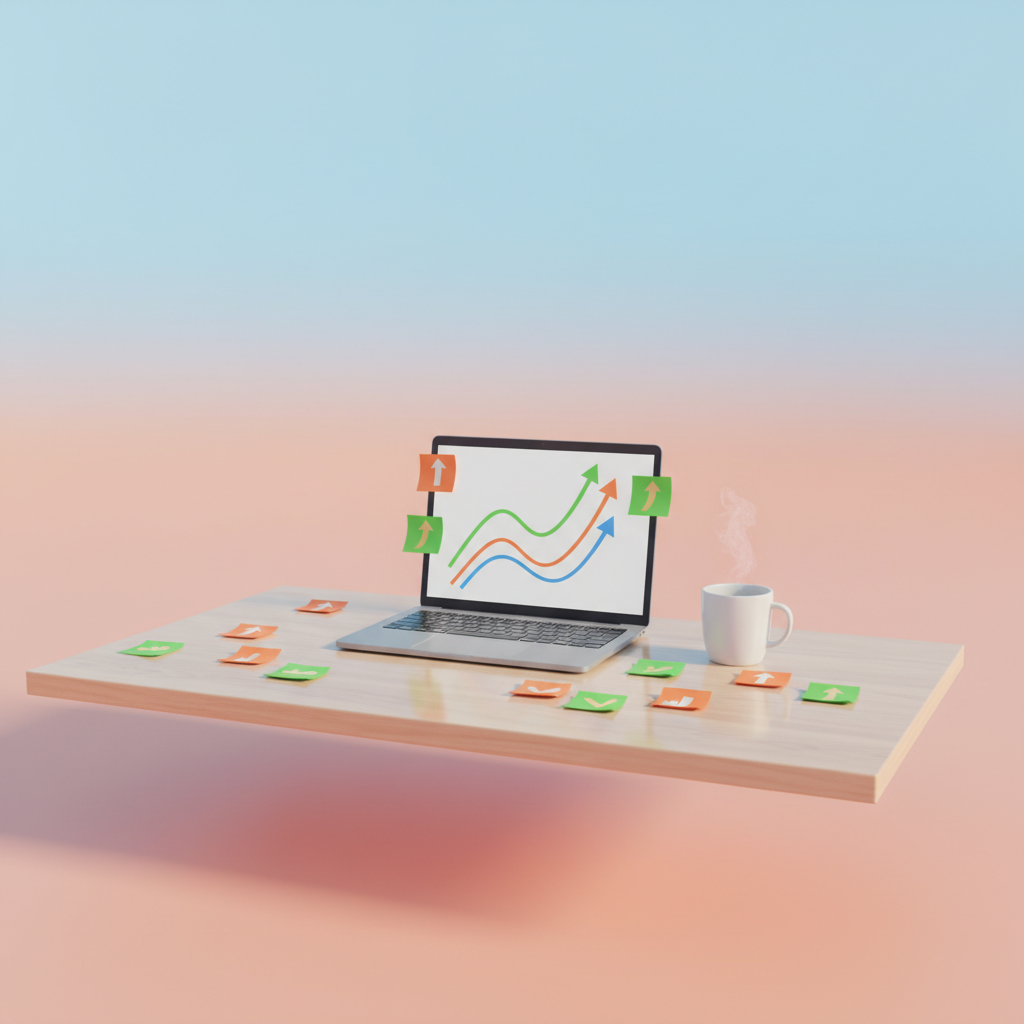Modern workspace with laptop, colorful sticky notes, steaming mug, and gradient background.