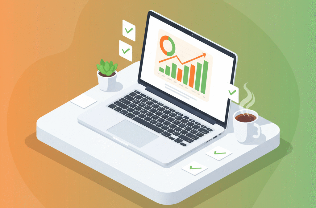 Modern workspace with laptop displaying colorful growth charts, notes, plant, and coffee mug.