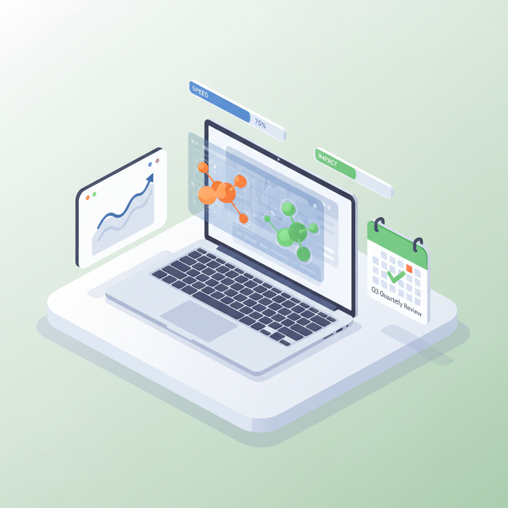 Modern workspace with laptop displaying data grids, AI nodes, and digital tools on gradient platform.