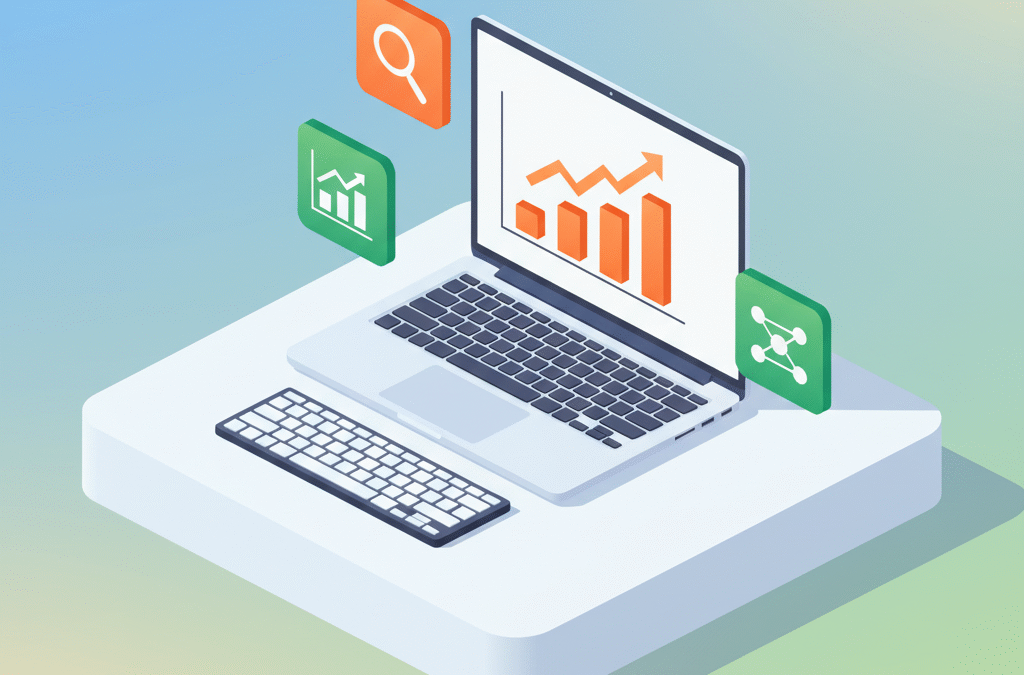 Modern workspace with laptop, keyboard, and digital icons representing SEO and growth.