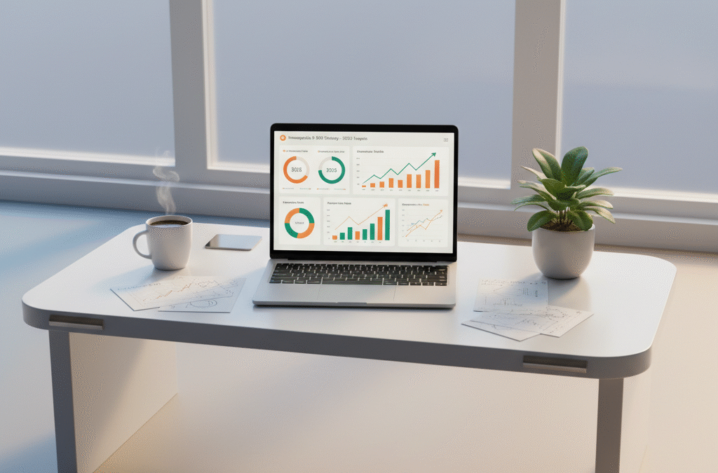 Modern workspace with laptop showing upward graphs, notes, coffee, and plant on gradient background.