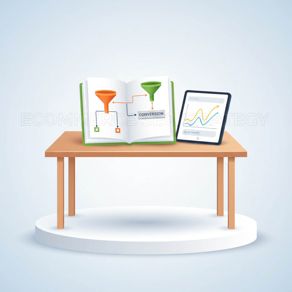 Modern workspace with notebook, digital tablet displaying traffic graphs, and strategic SEO tools.