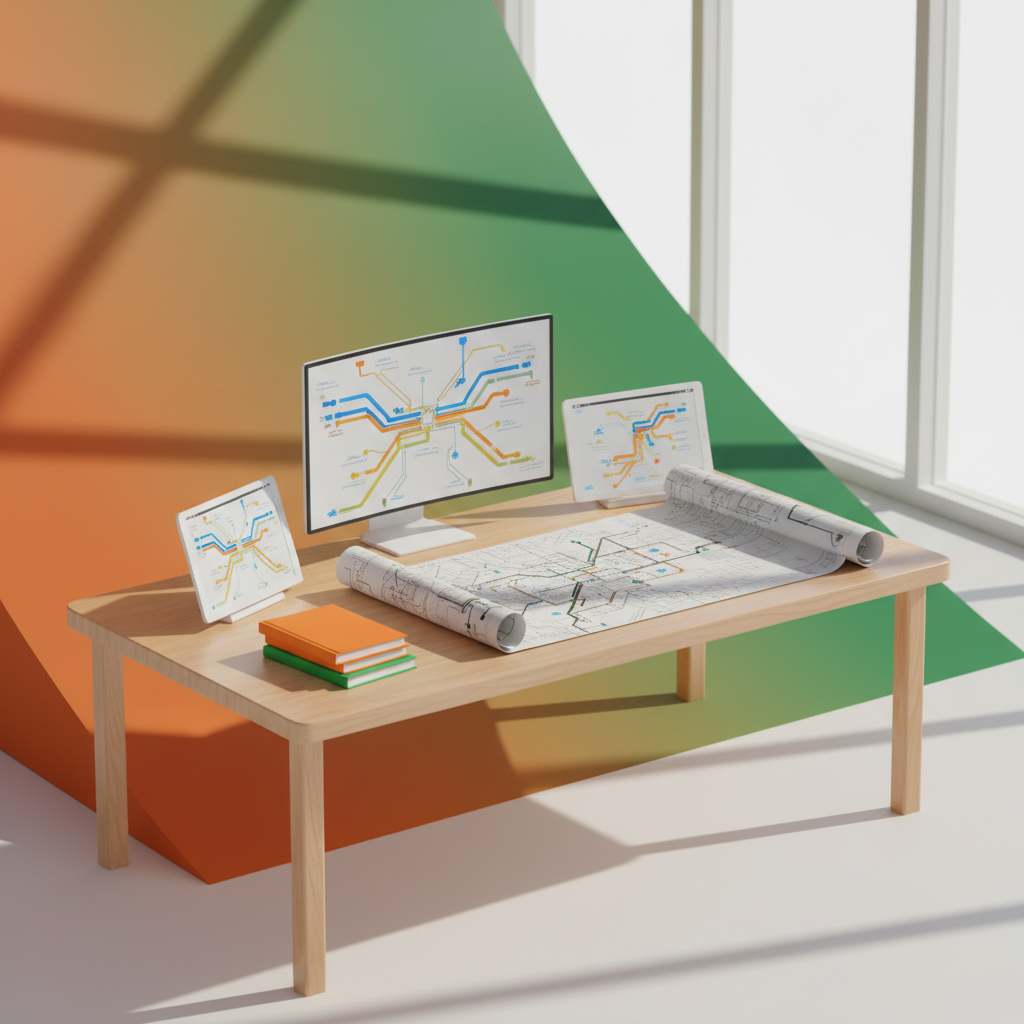 Modern workspace with notebooks, blueprint map, digital devices, and colorful gradient background.