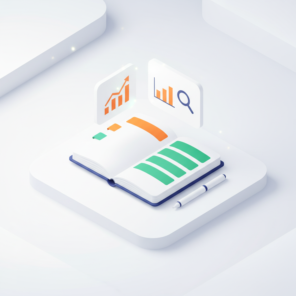 Modern workspace with open notebook, colorful tabs, pen, floating charts, and magnifying glass icons.