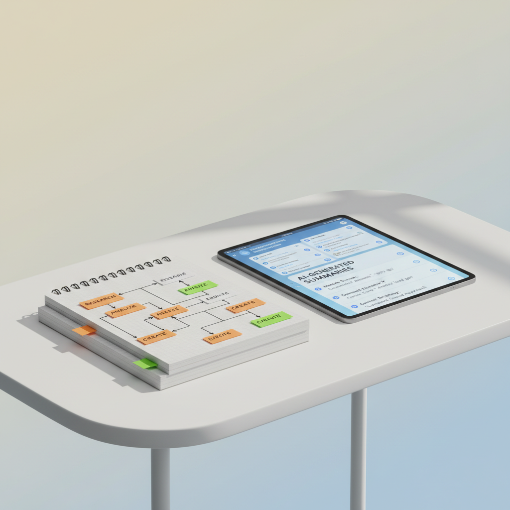 Modern workspace with open notebook, flowcharts, sticky notes, and a digital tablet displaying text snippets.
