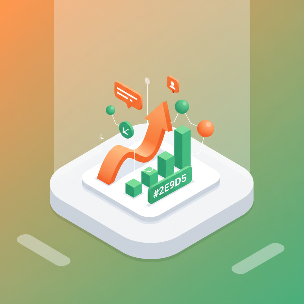 Modern workspace with vibrant orange and green growth charts, arrows, and interconnected nodes.