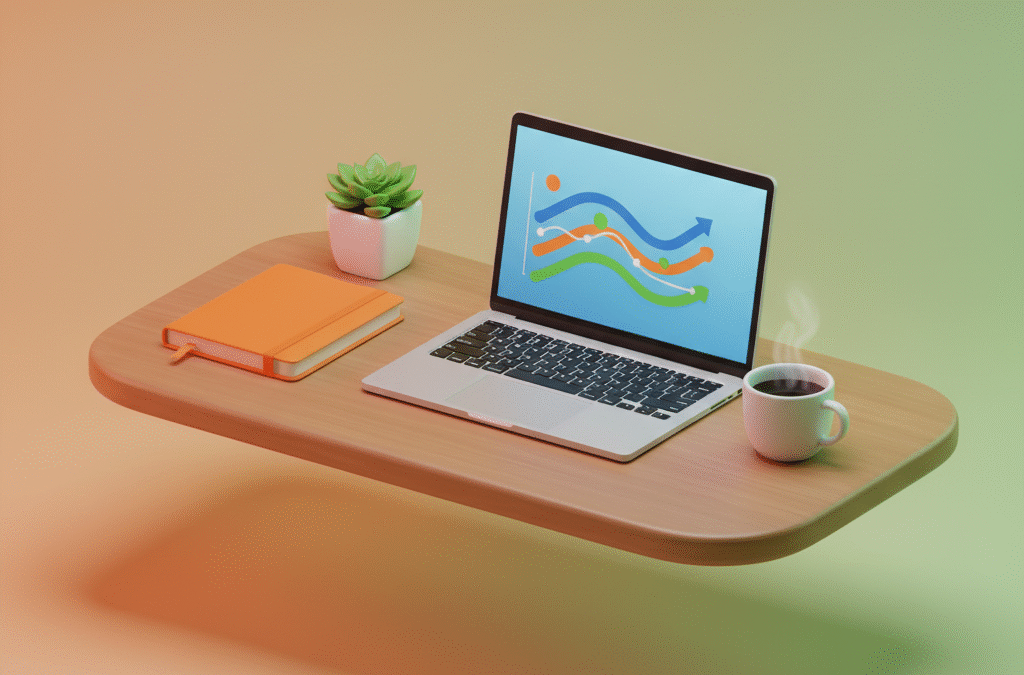 Modern workspace with wooden desk, orange notebook, green plant, glowing laptop, and coffee cup.