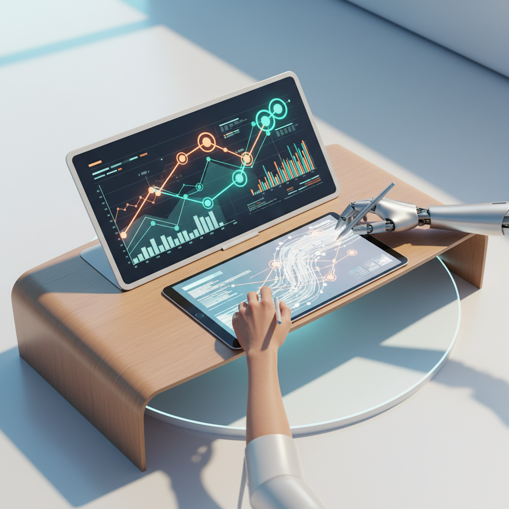 Robotic and human hands sketch strategy over graphs and data on a modern workspace.